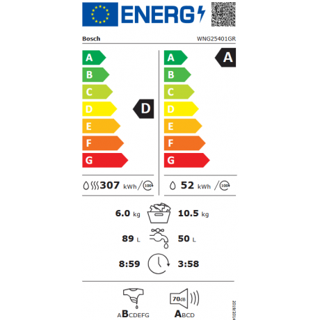 BOSCH WNG25401GR Πλυντήριο Στεγνωτήριο Ρούχων 10.5kg/6kg Ατμού 1400 Στροφές
